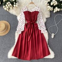 YuooMuoo Women Dress 2023 Spring Summer Fashion Lady Fake Two Piece Set Sash Bandage Long Sleeve Shirt Dress Vintage Aestheic