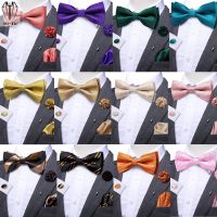 Hi-Tie Jacquard Silk Mens Bowtie Hankerchief Cufflinks Corsage Set Butterfly Knot Pink Blue Red Gold Green Black Bow Tie for Men