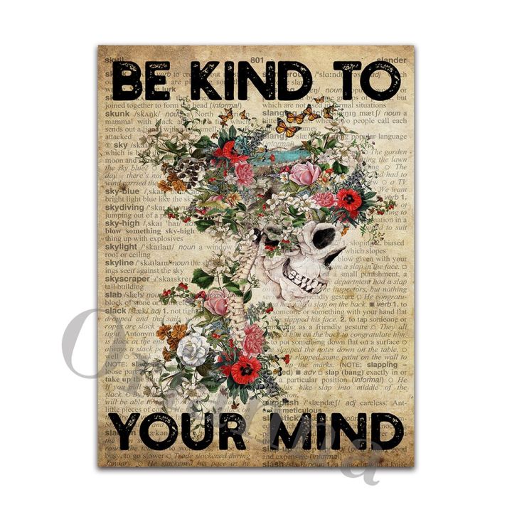 be-kind-to-your-mind-โปสเตอร์วินเทจ-โครงกระดูกดอกทานตะวันผนังศิลปะพิมพ์-หัวดอกไม้ศิลปะ-สุขภาพจิตการรับรู้เรื่อง