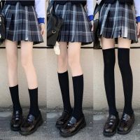 【LZ】▨⊕▲  Meias altas para coxa estilo japonês para mulheres meias longas JK Lolita Sweet Girls cor sólida preto branco joelho Sox