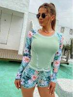 HOT★ผู้หญิง Rashguard แขนยาวชุดว่ายน้ำลายดอก Surf สวมใส่พิมพ์ Tankini Floral Drawstring Raglan Sleeve ชุดว่ายน้ำบิกินี่