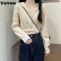 Yuvon เสื้อสเวตเตอร์ถักคอวีสำหรับผู้หญิงเสื้ออารมณ์สีทึบแบบสั้นเสื้อคลุมแขนยาว