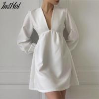 2021 Autumn Women Fashion Solid Color High Waist Mini Dress Female Sexy Long Sleeve V-Neck Lantern Sleeve Party Dress