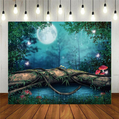 Enchanted Forest Photography Backdrop Night Easter Mushrooms Fairy Butterfly Kids Girl Newborn Birthday Party Wall Decor Banner