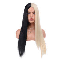 Halloween Cosplay Wigs Synthetic Wigs for Women Long Straight Fake Hair Heat Resistant Fiber Wigs Half Black and White Woman Wig