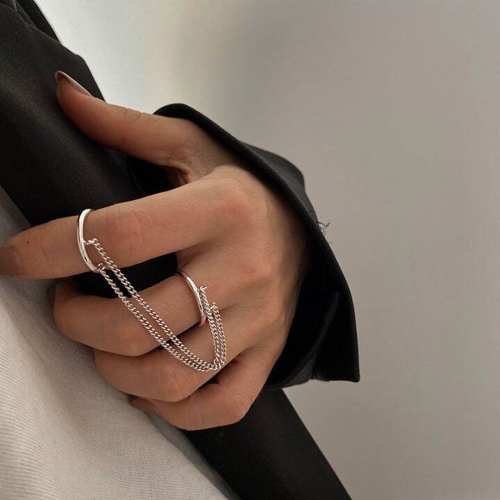 foxanry-silver-color-double-layer-rings-for-women-couple-accessories-new-trend-hip-hop-vintage-tassel-chain-party-jewelry