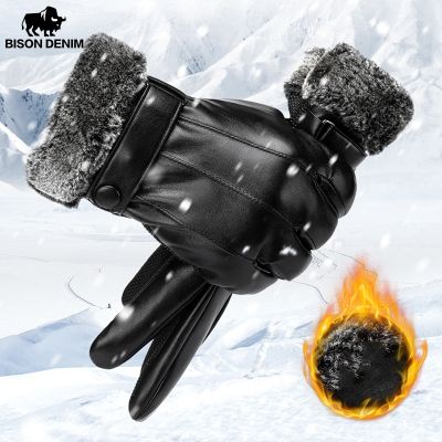 BISON DENIM Men 39;s Gloves Touch Screen Warm Thicken Winter PU Leather Outdoor Sport Windproof Fashion Winter Gloves for Men S050