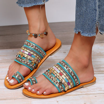 Spring 2022 new sandals and slippers womens national style flat-bottom flip-flops outdoor beach shoes open toe slippers 35-43