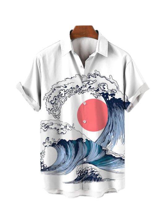 เสื้อเชิ้ตฮาวายสำหรับผู้ชายโอเวอร์ไซส์ฤดูร้อนเสื้อชายหาดฮาราจูกุลายคลื่นอนิเมะสไตล์แฟชั่นสำหรับผู้ชาย