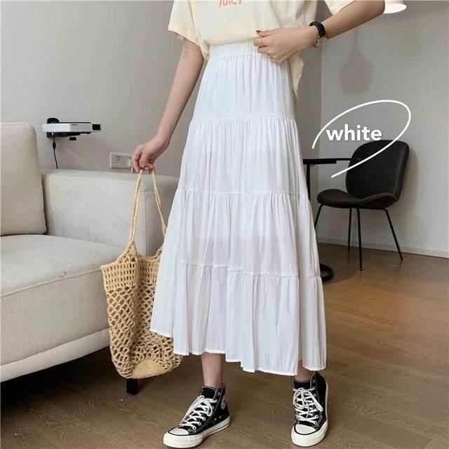 spring-summer-women-chiffon-skirts-vintage-high-waist-elastic-patchwork-white-black-chic-long-cake-a-line-skirt-for-student