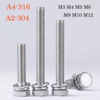 20-2pcs A2-304/A4-316 Stainless Steel External Hexagon Screw With Flat Washer Spring Gasket Outer Hex Bolt M3 M4 M5 M6 M8 M10M12 Nails  Screws Fastene