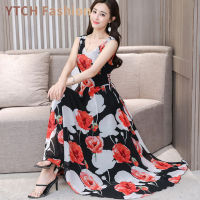 YA Hot Women Ice Silk Mid-Length Dress Floral Printing V Neck A-Line Skirt Summer Sleeveless Tank Dress