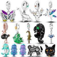 925เงิน Golden Leopard Charms ลูกปัด Colorfule Chameleon Rhino Lion Scarab Cat Dangle Fit Original สร้อยข้อมือเครื่องประดับ