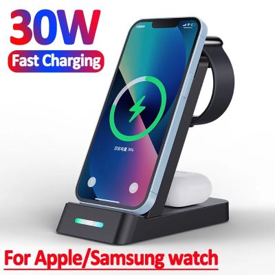 30W 3 In 1 Wireless R Stand สำหรับ14 13 12 11 Samsung S22 S21 Galaxy Apple Watch 8 7 6สถานีแท่นชาร์จเร็ว
