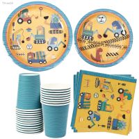 ✜♂ Funny Dinosaur Engineering Car Party Tableware Cartoon Dino Construction Vehicles Plates Napkins Boys Happy Birthday Party Decor