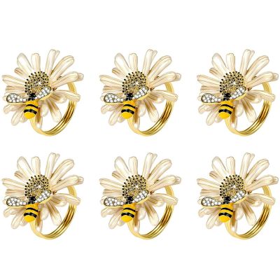 Set of 6 Daisy Sunflower Napkin Rings, Gold Bee Napkin Ring Holders for Formal or Casual Dinning Table Decor