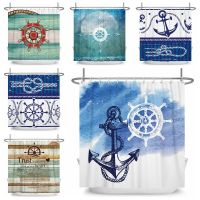 Nautical Shower Curtain 3D Blue Ocean Sailboat Lighthouse Anchor Fabric Shower Curtain Decorative With Hooks Waterproof Washable