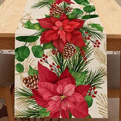 【LZ】✘☇  Christmas Poinsettia Flowers Table Runner Red Pine Berries Home Kitchen Decor Winter Holiday Table Runner Christmas Decorations