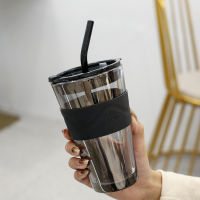 350ml 450ml Coffee Cup Water Bottle Thick Glass Mug Heat-Resistant Milk Juice Cup Drinkware Travel Sealed Non-slip Set Straw Mug