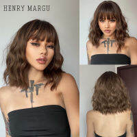 HENRY MARGU Dark Brown Ombre Short Bob Synthetic Wig for Women Natural Curly Wavy Cosplay Lolita Heat Resistant Synthet Hair Wig