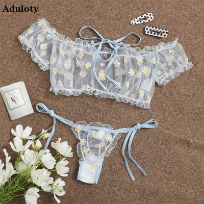 Womens wexy Halter lace-up lace underwear set small chrysanthemum printing process thin transparent thong lingerie set