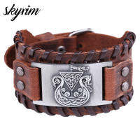 Skyrim ไอริชปมสัญลักษณ์สร้อยข้อมือไวกิ้งกำไลมังกรพระเครื่องแฮนด์เมดกว้างถักสร้อยข้อมือหนังแท้ผู้ชายเครื่องประดับ