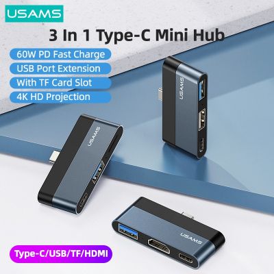 USAMS มินิฮับ PD 60W Type C เพื่อ USB 3.0 2.0 HDMI 1.4ตัวแยก USB บัตร TF อะแดปเตอร์ศูนย์กลาง USB ตัวขยายฮับ USB สำหรับ iPad Pro พีซี Feona แลปท็อปโทรศัพท์