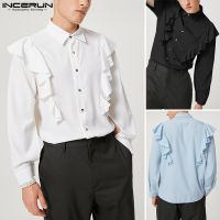 Beehoo INCERUN Mens Ruffle Collared Shirts Long Sleeve Casual Loose Tops (สไตล์ตะวันตก)