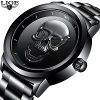 LIGE Lige สร้างสรรค์ 3D Skull Head Quartz นาฬิกาบรรยากาศพังก์ลมสายเหล็กนาฬิกา 9876~