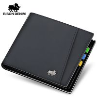 BISON DENIM Mens Leather Wallet Coin Pocket Bag Card Holder Photo Brand Luxury Cowhide Purse Business Men Gift Fashion Wallet