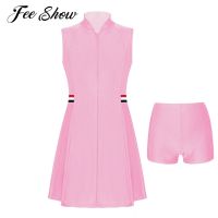 Kids Girls Casual Sports Tennis Dress Children Golf Badminton Tennis Sportswear Sleeveless Front Zipper Sport Dress with Shorts