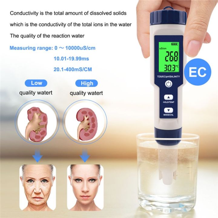 5ใน1ตัวทดสอบคุณภาพน้ำดิจิตอล-tds-ec-ph-ความเค็ม-เครื่องวัดอุณหภูมิสำหรับสระว่ายน้ำพิพิธภัณฑ์สัตว์น้ำตัวตรวจสอบคุณภาพน้ำ