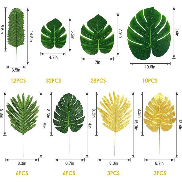 100-pcs-artificial-palm-leaves-tropical-leaves-leaf-gold-and-green-faux-leaves-for-hawaiian-party-table-decoration