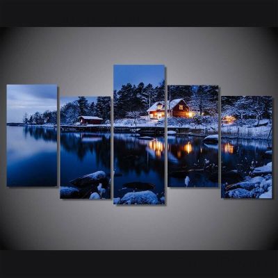 Snow Forest Lake Lighting House ผ้าใบพิมพ์ภาพวาด Wall Art Home Decor 5แผงภาพโปสเตอร์ Room Decor ภาพวาด