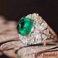 The Panda Women Fashion Vintage Classic Emerald Green Color Crystal Ring Luxury Full Pave Brilliant Clear Cubic Zircon Wedding Band Bridal Ring Anniversary Gift Female Gift