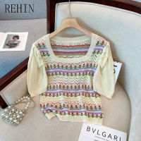 REHIN เสื้อสเวตเตอร์แขนสั้นลายฟองน้ำสำหรับผู้หญิง,เสื้อสเวตเตอร์ถักแบบบางคอสี่เหลี่ยมแสนหวานสำหรับฤดูร้อนการออกแบบที่ไม่เหมือนใครแบบมีตะขอเสื้อผู้หญิงลายดอกไม้