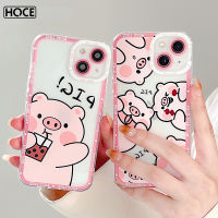 HCOE โปร่งใสการ์ตูนน่ารักหมูสีชมพูสำหรับ iPhone 14 13 12 11 Pro Max 14 Plus X XR XS Max 7 8 Plus Angel Eyes เลนส์ป้องกันกันชน Soft TPU กันกระแทก Shell