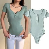 High-end European and American hot girl style chest button-up jumpsuit womens slimming elastic round neck short-sleeved T-shirt bottoming shirt