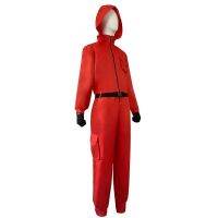 【+Kids Size】Korean Squid Game Clothes Guard Costume Red Jumpsuits Belt Set topeng Cosplay Jacket Hoodie Christmas Halloween Outfit