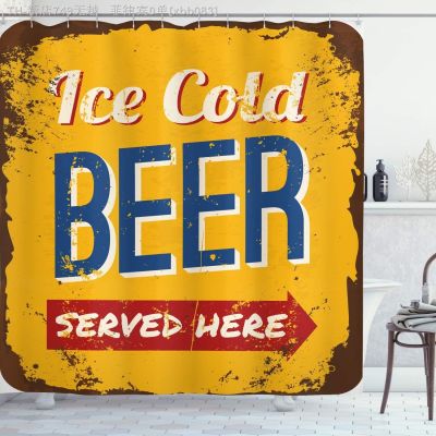 【CW】ↂ  Man Cave Shower Curtain Worn Out Rusty Sign Design with Cold Beer Served Beverage Print Fabric