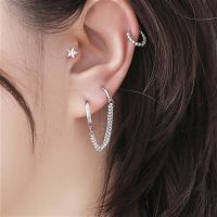 Stock Double Piercing Mini Small Huggie Earring/ Tassel Chain Hoop Earrings Cuff Wrap Earrings / 2 Hole Double Piercing Zircon Earrings / Girls Statement Drop Earrings for Women Girl Crawler Earrings