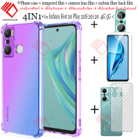 4-In-1สำหรับ Infinix Hot 20 Play/Hot 20S /Hot 20i/Hot 20 4G &amp; 5G เคสโทรศัพท์สี + ฟิล์มป้องกันหน้าจอกระจกนิรภัยป้องกันเต็มพื้นที่ฟิล์มกระจกกล้องถ่ายรูปด้านหลัง + เลนส์กล้องถ่ายรูปสติ๊กเกอร์สกีนหลังสำหรับ Infinix หน้าจอคาร์บอนไฟเบอร์20 Play Prote