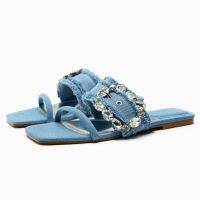 TRAF Luxury Crystal Flat Denim Sandals For Women Chic Buckled Slippers Wide Strap Slides Female Casual Summer Beach Sandals Flat