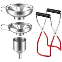 4Pcs Stainless Steel Funnel Can Lifting Tongs Set Canning Funnel Hoppers Filter Canning Jar Lifter With Grip Mason Jar Lifter Mesh Covers