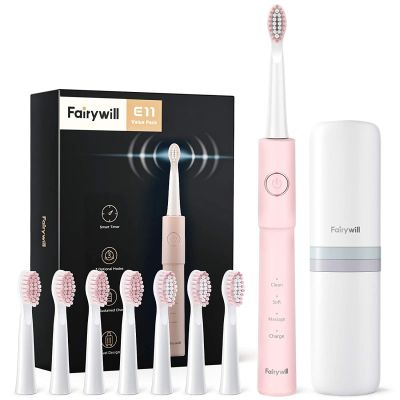 Fairywill P11 Sonic Whitening Electric Toothbrush Rechargeable USB Charger Ultra Powerful Waterproof 4 Heads and 1 Travel Case