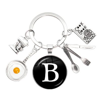 【YF】 New Cooking Keychain Home Key Ring A-Z Round Glass Dome Cabochon Pendant Tableware For Chef Gifts Jewelry