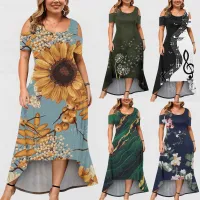 Summer Dresses Outfits 2023 Plus Size Off Shoulder Boho Print Floral Dress Long Neck A Print Dresses платье женское