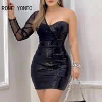 【YF】 Women Chic Sequins One Shoulder Long Sleeves Sexy Mini Bodycon Party Dresses