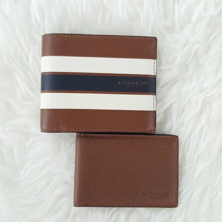 Coach Men’s Slim Wallet F75399 Compact ID Varsity Stripe Print in Smooth Calf Leather Bifold