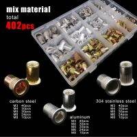 70/205/402pc M3 M4 M5 M6 M8 Mix Size 304 Stainless Steel Aluminum Carbon Steel Flat Head Rivet Nut Insert Rivnut Nutsert Set Kit Nails Screws Fastener